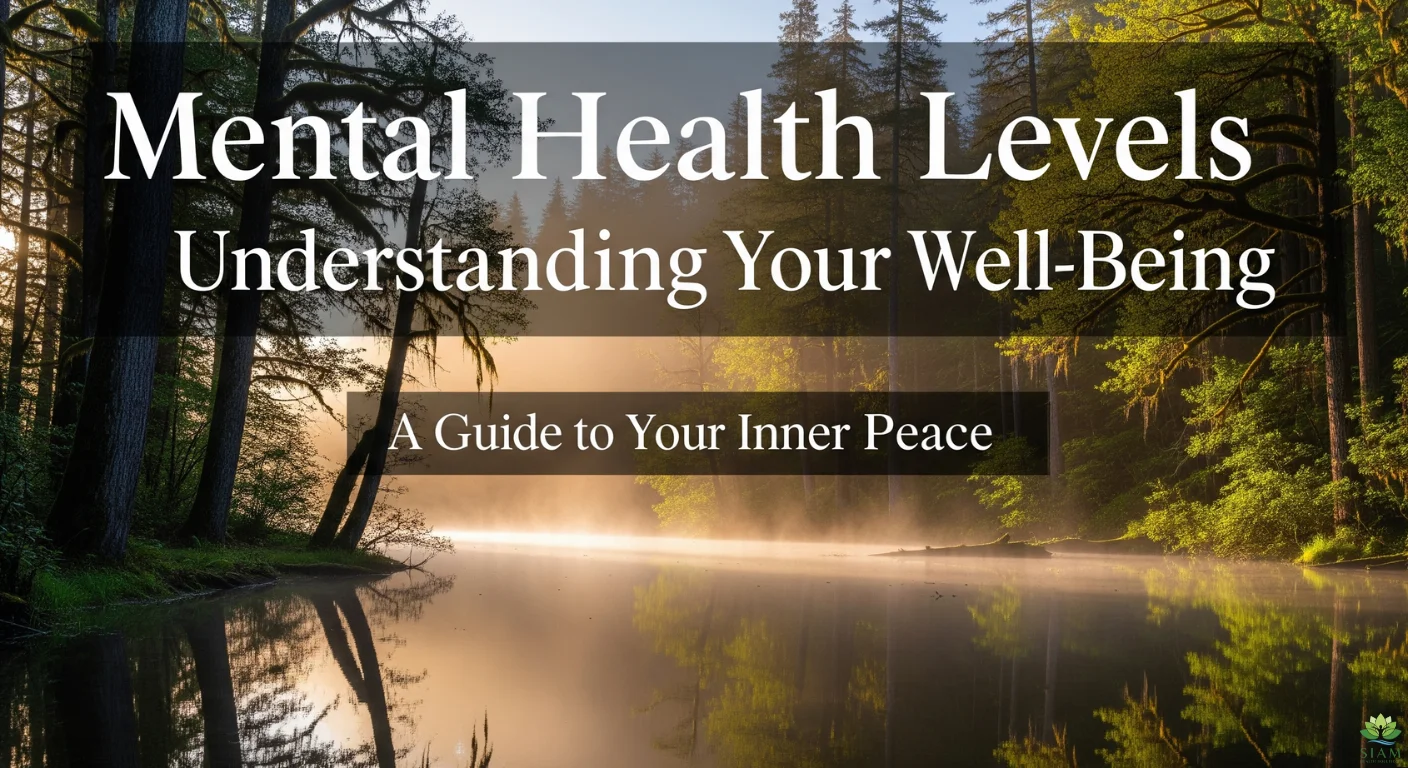 Peaceful lakeside scene with soft sunrise lighting and the text 'Mental Health Levels: Understanding Your Well-Being' overlaid, symbolizing tranquility and mental health.