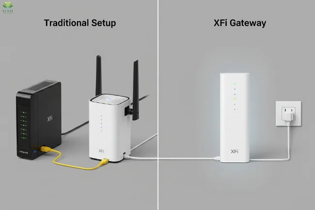 Comparison between traditional modem-router setup on the left and XFi Gateway all-in-one device on the right, highlighting the convenience of XFi Complete for home internet.