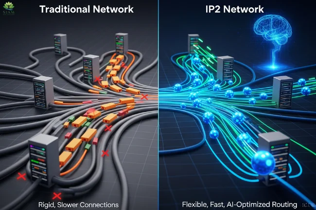 Comparison between traditional IPv4/IPv6 network and IP2 Network, showcasing AI-driven routing, low latency, and faster performance in the IP2 Network.