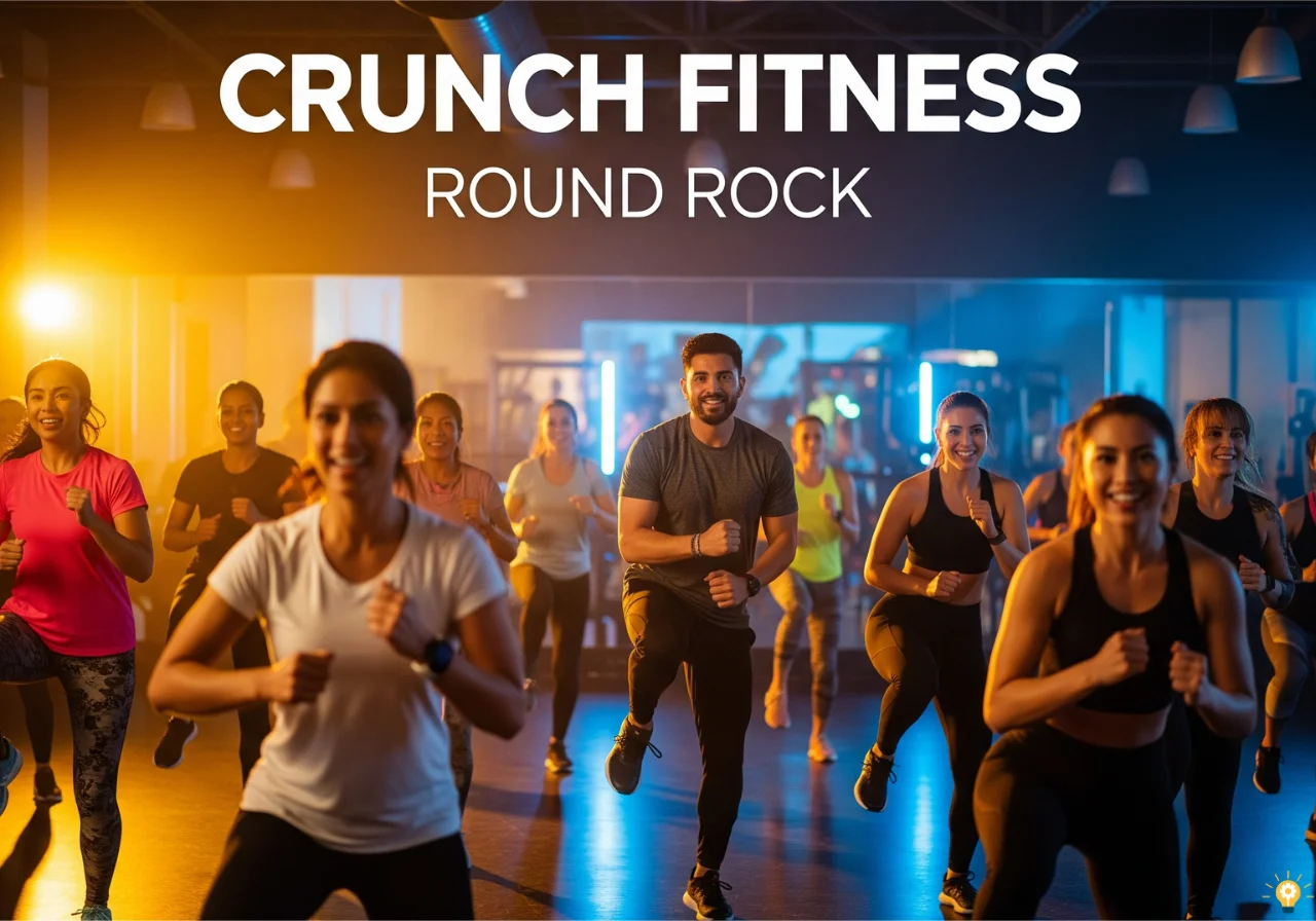 Group fitness class at Crunch Fitness Round Rock with diverse members participating in Zumba and HIIT workouts. Vibrant and inclusive fitness environment showcasing fun and motivation.