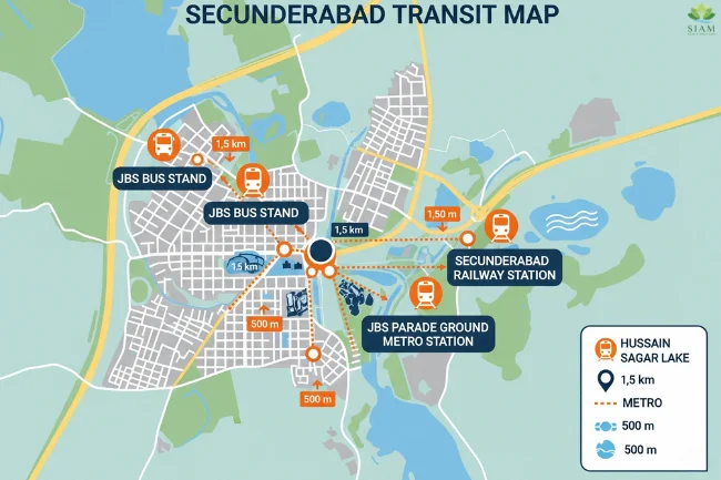 Stylized map showing the location of JBS Bus Stand, Secunderabad Railway Station, JBS Parade Ground Metro Station, and Hussain Sagar Lake, with distance arrows indicating proximity.