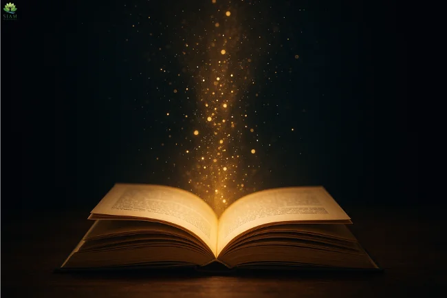 Open book with golden dust and light rising from its pages, symbolizing storytelling, creativity, and the evolving mystery of Pertadad.