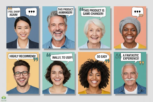 Happy customers sharing glowing testimonials about Neurodrine’s effectiveness in improving memory, focus, and cognitive function.