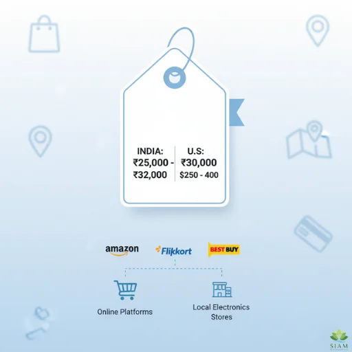 Price tag illustration showing price ranges for TV model number GUXIF304 with logos of Amazon, Flipkart, and Best Buy.