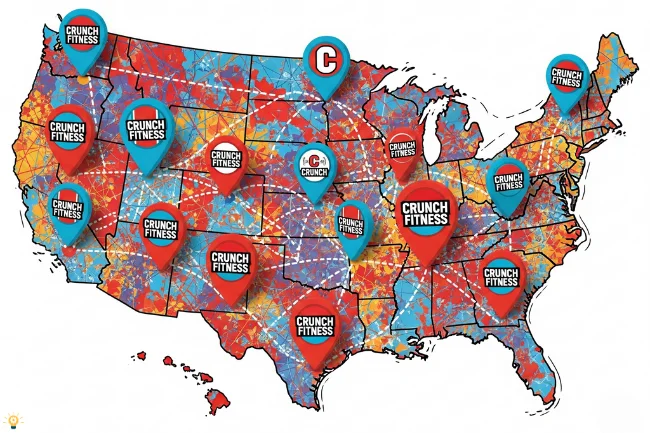 Map of the United States highlighting Crunch Fitness locations with red pins. Shows access to Crunch Fitness locations nationwide, representing convenience and accessibility for members.