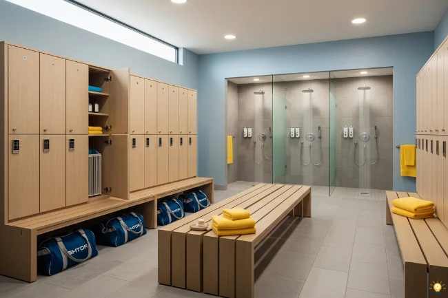Locker room at Crunch Fitness Round Rock featuring vibrant blue and orange lockers, clean benches, and a shower area, offering a convenient and refreshing experience for gym members.