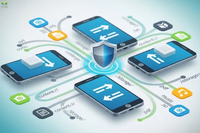 Illustration showing secure content sharing between two Android devices via Content URI, featuring FileProvider, shield for security, and data flow arrows.