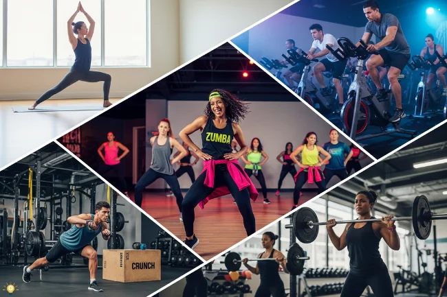 A dynamic collage showing participants in various fitness classes, including yoga, cycling, Zumba, HIIT, and BodyPump, highlighting the diverse range of workout options available at the gym.