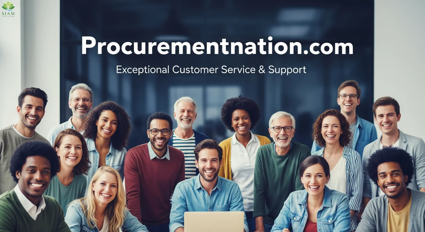 Procurementnation.com Exceptional Customer Service & Support with a diverse group of happy customers in a modern office setting.