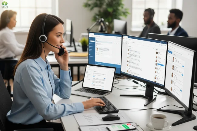 Customer service representative at Procurementnation.com managing customer queries via phone, email, and live chat in a professional office environment.