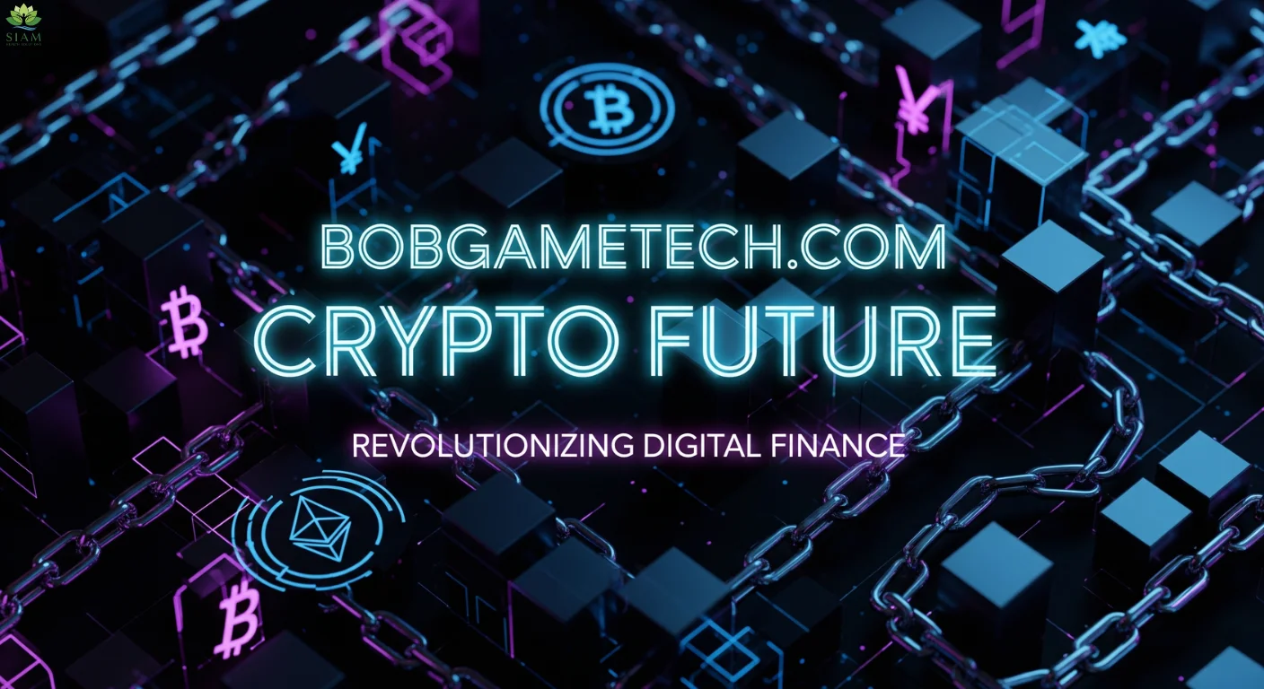 Bobgametech.com Crypto Future – Revolutionizing Digital Finance with Bitcoin and Ethereum symbols, blockchain technology, and a futuristic design.