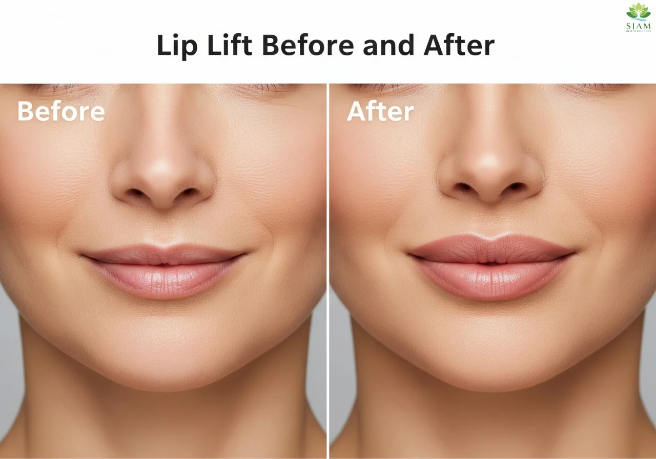 Lip Lift Before and After transformation showing the enhanced fullness and definition of the upper lip with a reduced nose-to-lip distance.