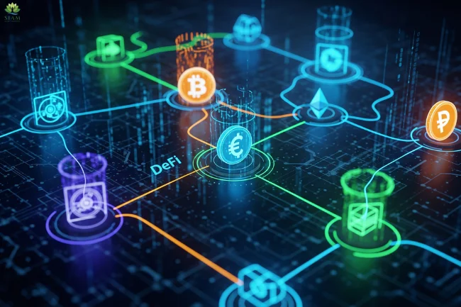 Bobgametech.com Crypto Future – Visualizing DeFi with blockchain nodes, cryptocurrency symbols like Bitcoin and Ethereum, and smart contract icons in a futuristic neon design.