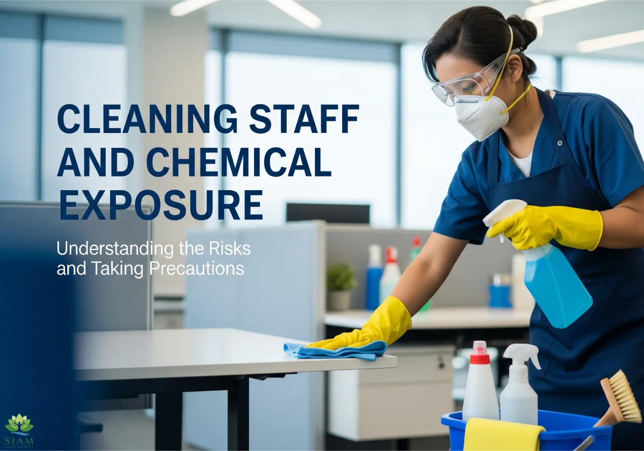 Cleaning staff wearing protective gear while cleaning an office, highlighting the risks of chemical exposure.
