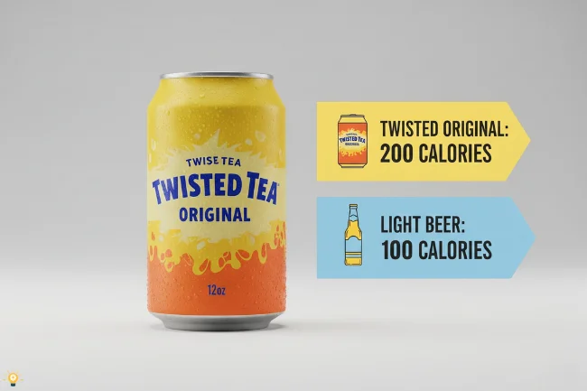 Twisted Tea Original can next to a calorie comparison chart showing 220 calories for Twisted Tea vs 90-120 calories for light beer.