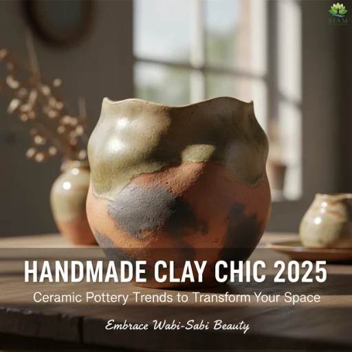 Handmade clay pot with unique textures and earthy tones on a wooden table, representing Wabi-Sabi beauty and ceramic pottery trends.