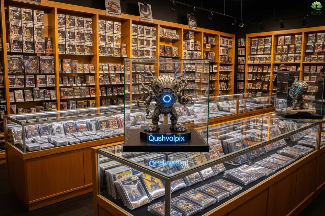 Interior of a specialty collectible store with shelves filled with pop culture merchandise and action figures. An orange plush Qushvolpix sits prominently among the items, highlighting where rare collectibles are sold.