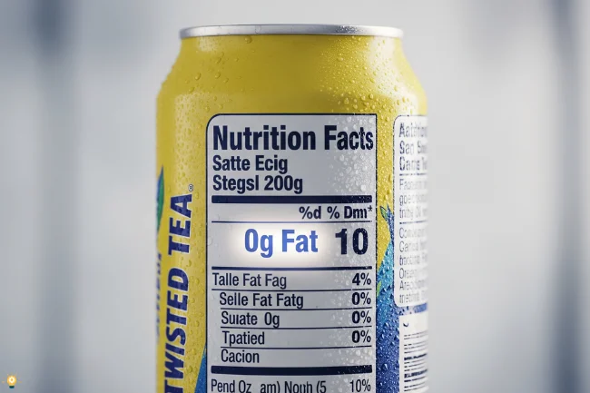 Close-up of a Twisted Tea can highlighting the 'Total Fat 0g' label, showcasing the Twisted Tea Nutrition Facts.
