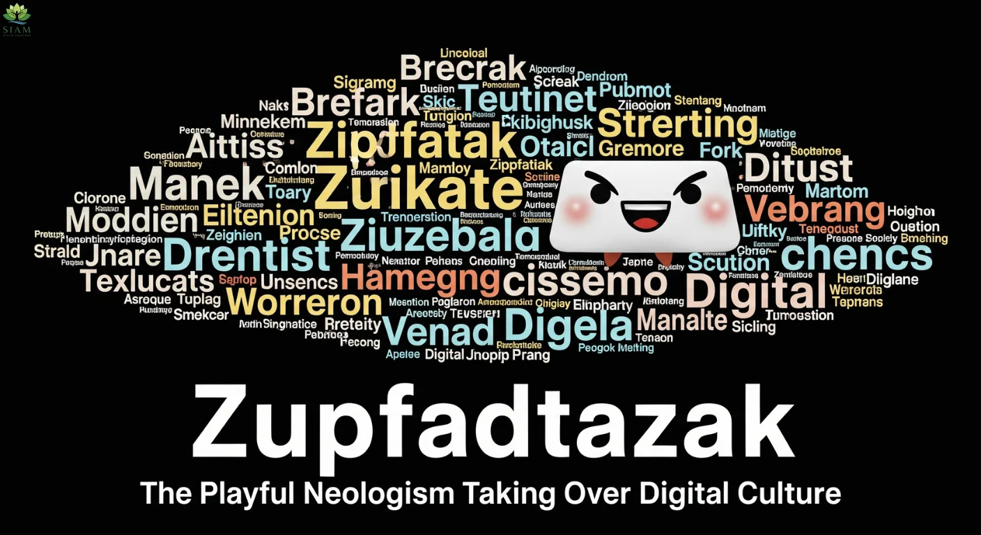 Colorful word cloud featuring the playful term 'Zupfadtazak' at the center with various quirky digital-era terms surrounding it, representing the evolution of language in the digital age.