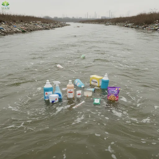Polluted river with discarded chemical containers representing the harmful effects of Wurduxalgoilds on aquatic life