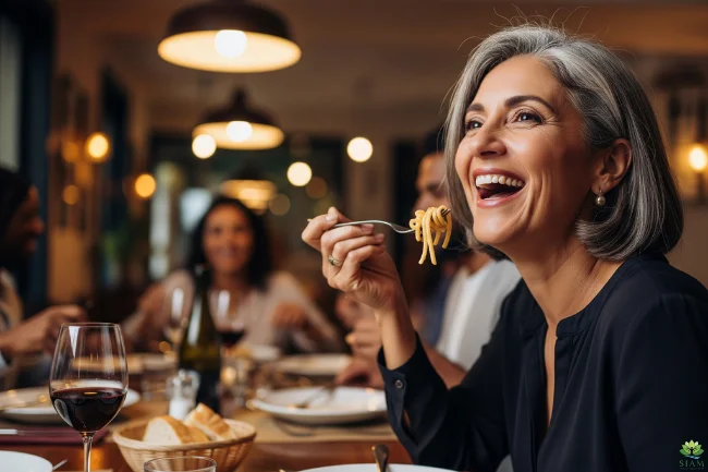 Happy senior woman confidently eating and laughing at a restaurant, showcasing the benefits of a healthy jawbone.