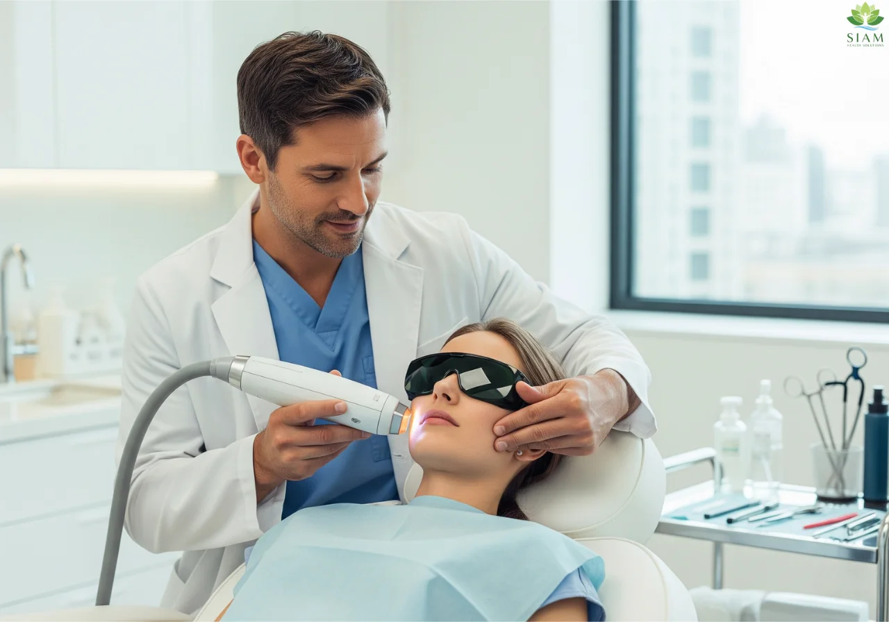 Laser Skin Lightening procedure in a modern clinical setting with a dermatologist using a laser device on a patient's face.