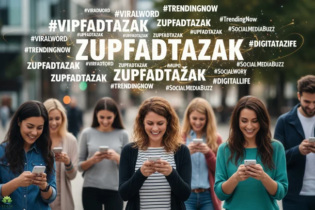 Three people engaged with their smartphones, surrounded by social media icons like Twitter, Instagram, and TikTok, with the word 'Zupfadtazak' displayed prominently, illustrating the viral nature of digital language.