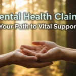 A serene forest with hands offering support and the text "Mental Health Claims Your Path to Vital Support.