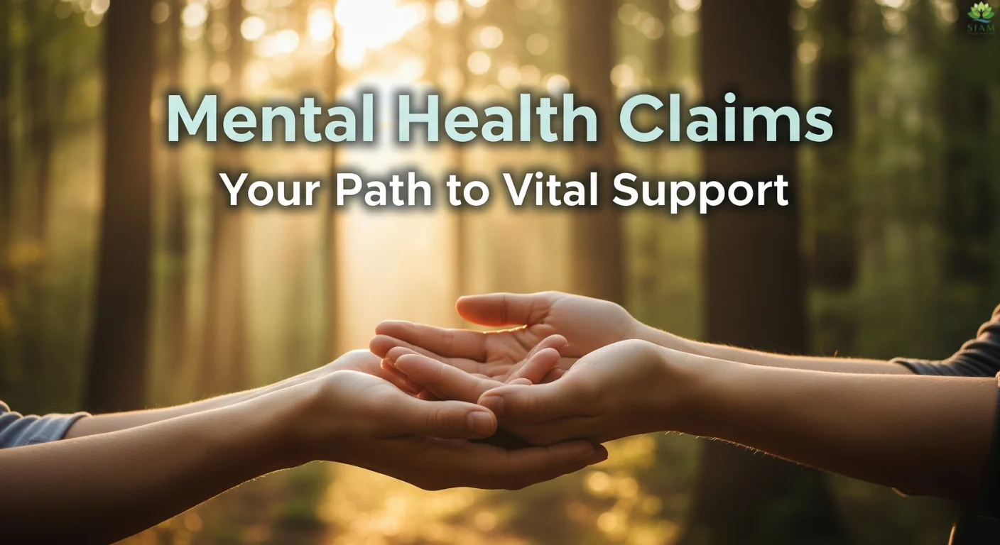 A serene forest with hands offering support and the text "Mental Health Claims Your Path to Vital Support.