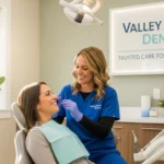 A dentist providing trusted care to a smiling patient at Valley Health Dental, emphasizing a positive dental experience and bright smiles.