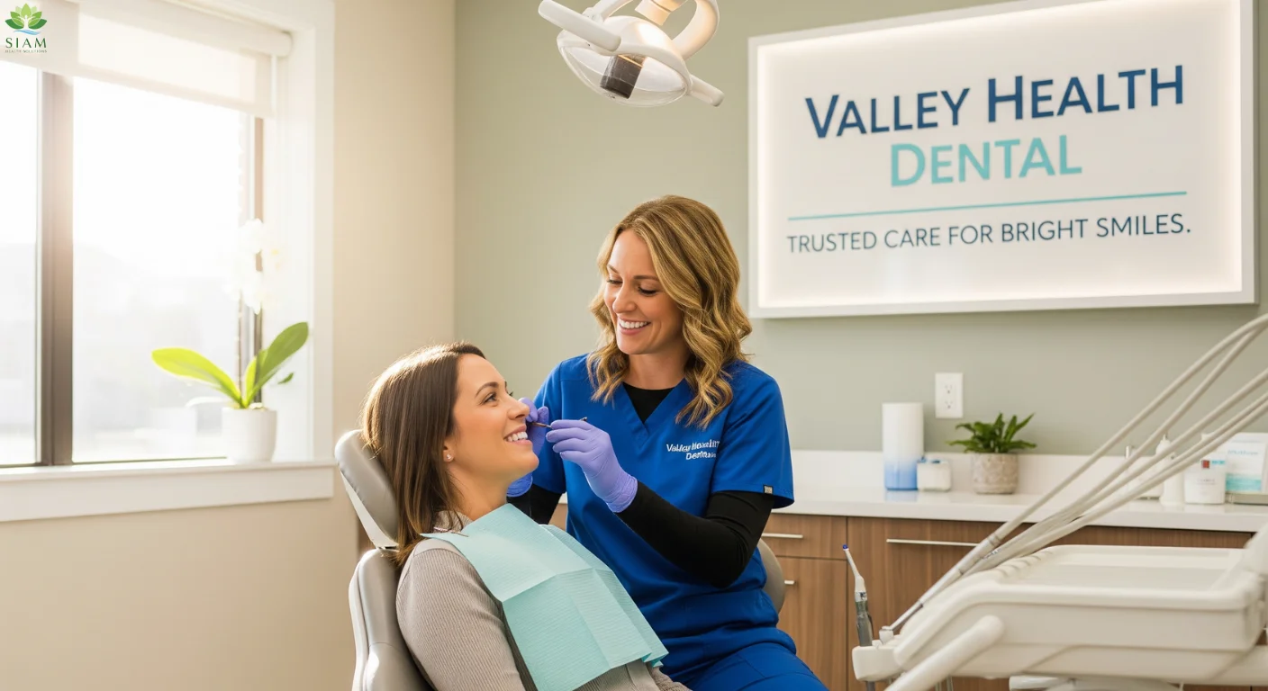 A dentist providing trusted care to a smiling patient at Valley Health Dental, emphasizing a positive dental experience and bright smiles.