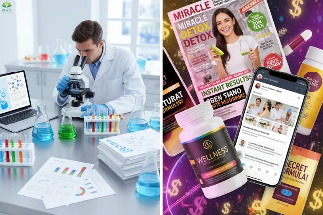 Split image contrasting science and marketing with a laboratory setting on the left and wellness product promotions on the right, highlighting the myths around cellulogia.