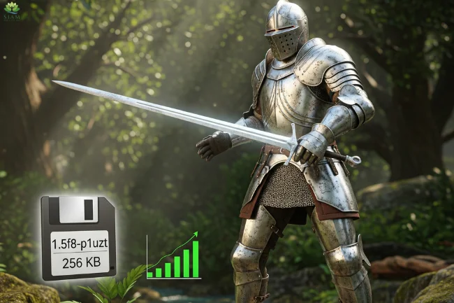 An image of a medieval knight in a highly detailed, fully-rendered 3D scene, with a small floppy disk icon labeled "1.5f8-p1uzt 256 KB" and a bar graph symbolizing low resource usage floating next to him.