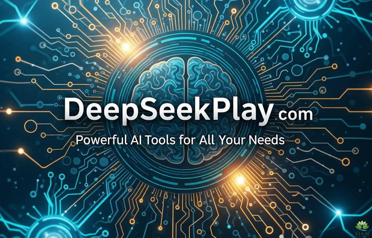 DeepSeekPlay com - Powerful AI tools for content creation, coding, and data analysis with a futuristic AI brain design.