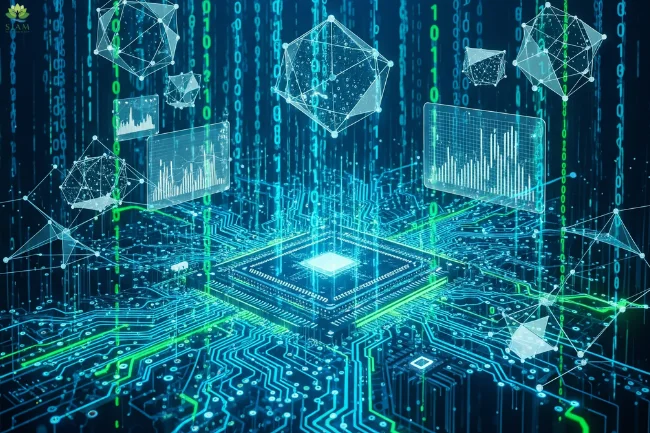 An abstract and modern digital design featuring a central glowing brain or circuit board pattern. The text "DeepSeekPlay com" is prominently displayed in the center, with the subheading "Powerful AI Tools for All Your Needs" below it, all surrounded by intricate, glowing lines representing neural networks and circuit pathways.