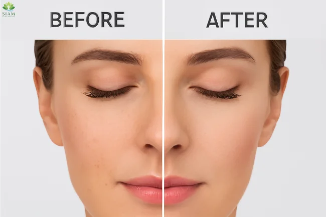 Before and after comparison of a woman's face showing visible improvement in skin tone and texture after laser skin lightening treatment.