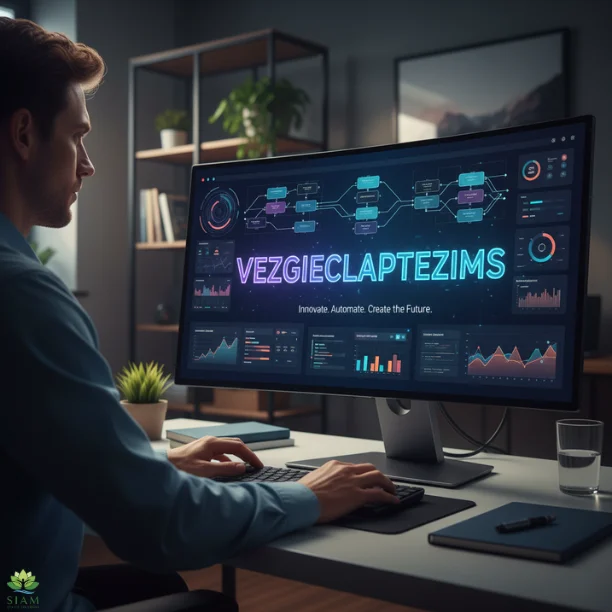 Vezgieclaptezims digital tool for productivity, featuring task automation and business workflow optimization displayed on a laptop screen.