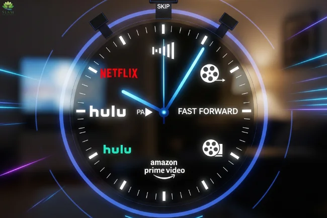 Digital stopwatch with Netflix, Hulu, and Amazon Prime icons replacing clock numbers, symbolizing the TVS Accelerator App's ability to save time while enhancing on-demand viewing experience. The image features motion blur and a dimly lit living room background.