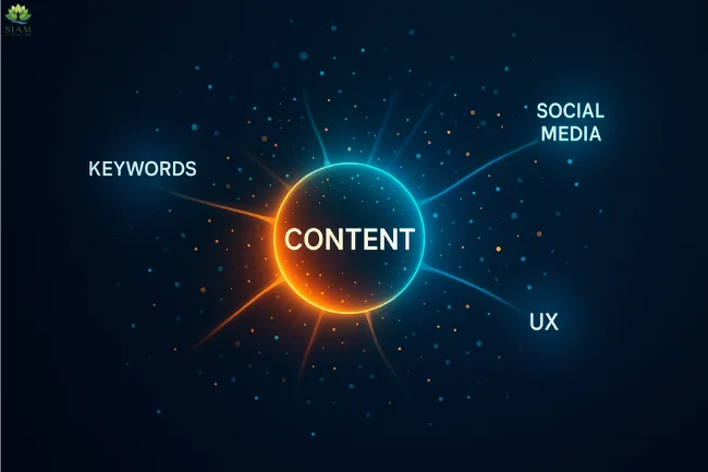 Illustration of the Stormuring Formula showing four key components — Content as the base compound, Keywords as catalysts, Social Media as charged ions, and User Experience as the stabilizer in the SEO strategy.