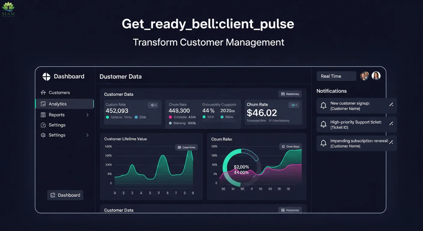 Get_ready_bell:client_pulse software dashboard displaying customer data, analytics, and real-time notifications, showcasing its user-friendly interface for efficient customer management