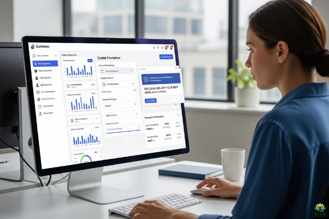 A marketer personalizes e-commerce promotions on a computer, with customer data and promotion creation tools visible on the screen.