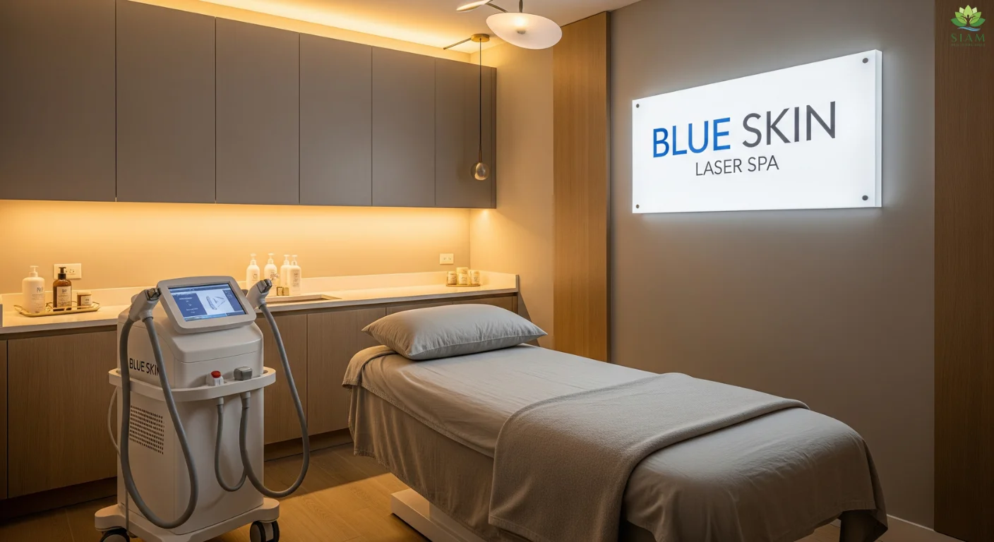 Serene and modern treatment room at Blue Skin Laser Spa with advanced laser equipment, neutral tones, and calming decor, showcasing a comfortable skincare environment.