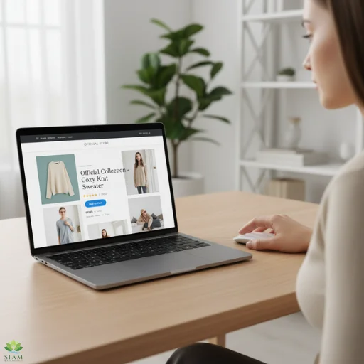 Person shopping online with a laptop and smartphone, viewing the official store page for Vezgieclaptezims.