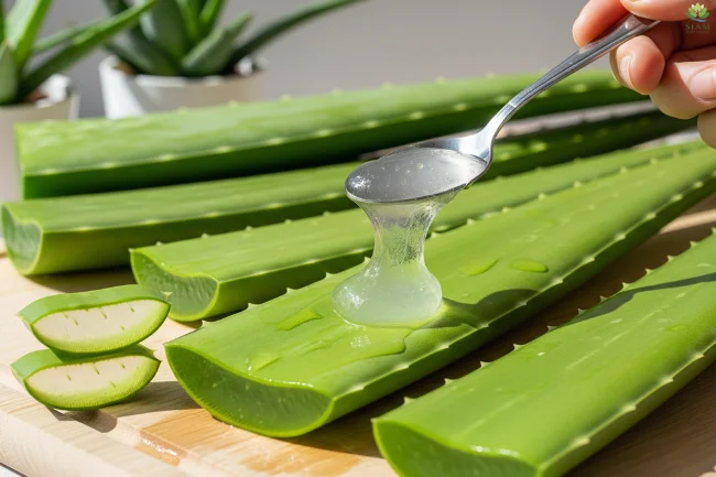Close-up of fresh aloe vera gel being scooped from a leaf with a spoon, symbolizing the natural soothing and hydrating properties of aloe vera for skin care. Featuring the keywords 'Beauty Tips – Well Health Organic.com