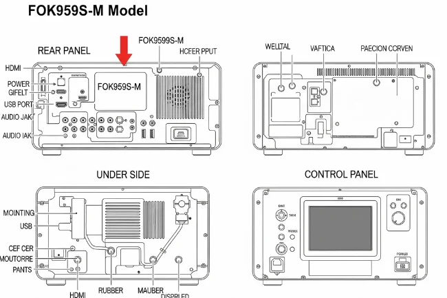 Diagram highlighting the FOK959S-M Model with labeled sections showing the rear panel, underside, and control panel where the model number can be found.