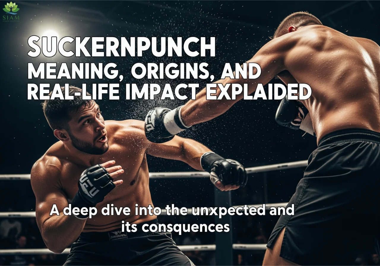 Action shot of a street fight depicting a sudden sucker punch, with the victim caught off guard. The image highlights the surprise element of an unexpected attack, with bold text overlay reading 'Suckernpunch: Meaning, Origins, and Real-Life Impact Explained.