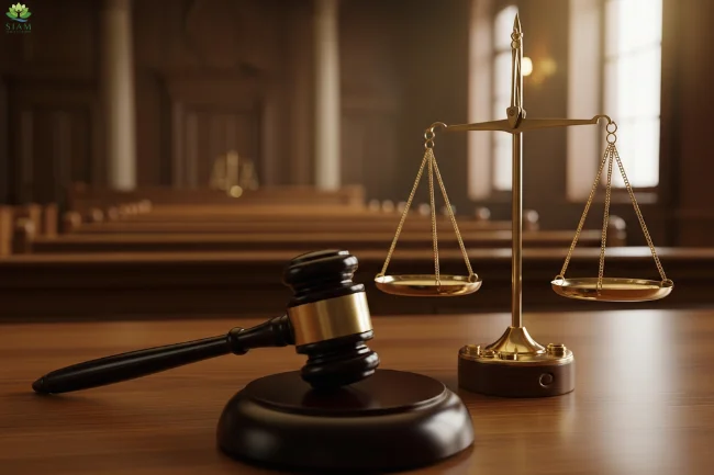 Close-up of the scales of justice and gavel in a courtroom setting, symbolizing the legal implications and criminal charges associated with a sucker punch. In the background, a judge presides over the courtroom, reinforcing the serious consequences of such actions.