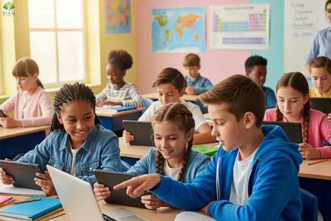 Elementary school students using tablets in a modern classroom while a teacher presents on an interactive whiteboard, demonstrating RWU UAR's role in streamlining digital learning.