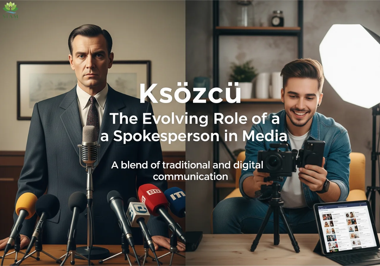A split-image showing the evolution of a spokesperson, with a traditional figure using a vintage microphone on the left, and a modern digital influencer with a smartphone on the right, symbolizing the shift from traditional media to digital platforms. The image is titled 'Ksözcü: The Evolving Role of a Spokesperson in Media