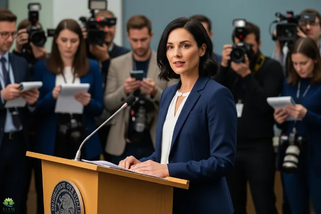 A confident female spokesperson with short dark hair, wearing a blue suit and white blouse, stands at a wooden podium with a microphone. She is addressing a group of journalists and reporters, who are visible in the blurred background holding cameras, tablets, and microphones, capturing her words. The podium has a seal that reads "Fides et Sapientia.